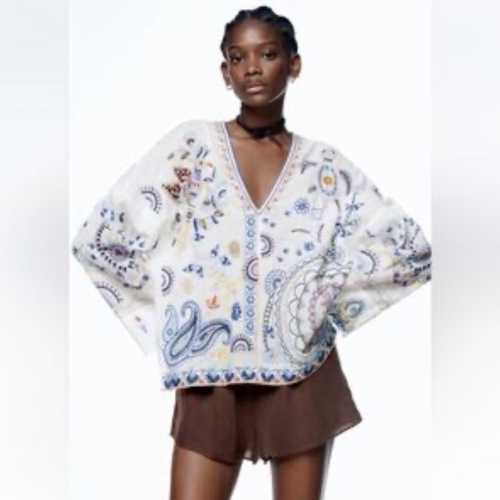 Zara Embroidered V-Neck Boho Top NWOT